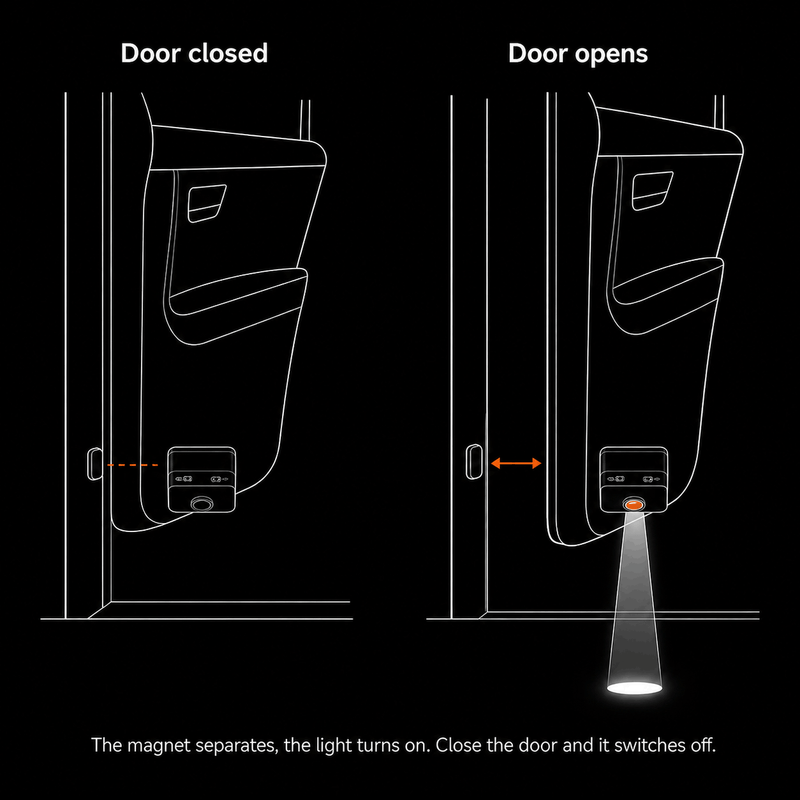 Two-panel diagram — with the door closed the magnet sits against the frame sensor and the light is off; when the door opens the magnet separates and the light projects down onto the ground