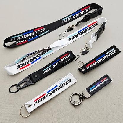 Performance car lanyard keychain — woven nylon with motorsport racing stripes