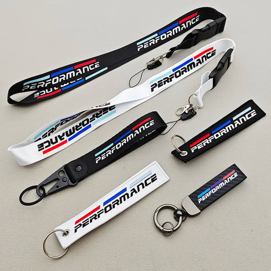 Performance car lanyard keychain — woven nylon with motorsport racing stripes