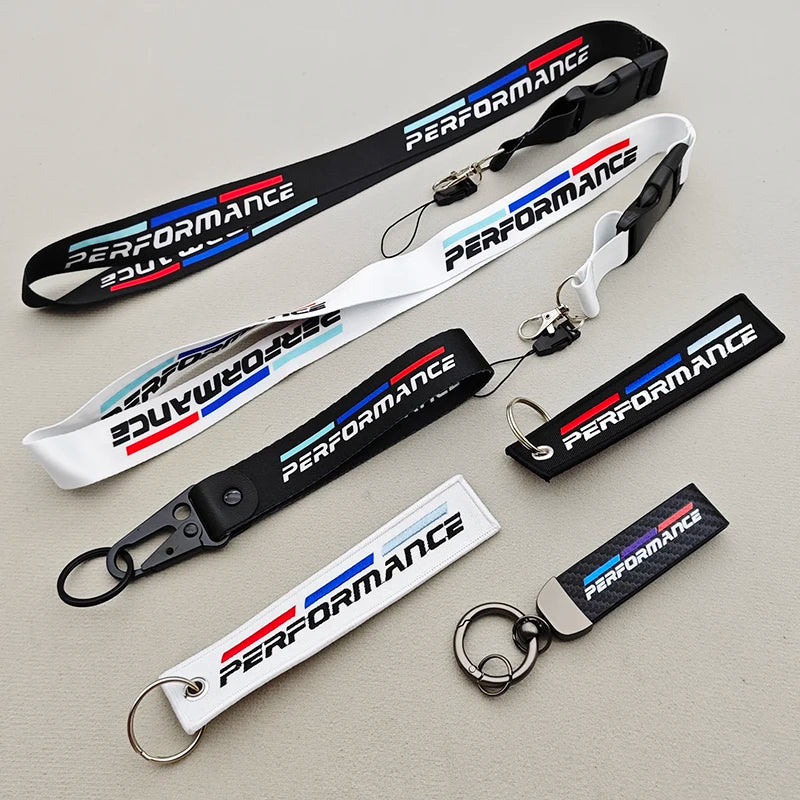 Performance car lanyard keychain — woven nylon with motorsport racing stripes