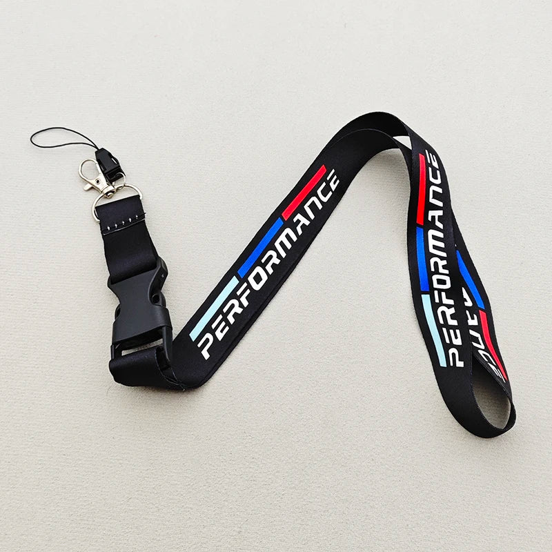 Black neck lanyard with performance racing stripes