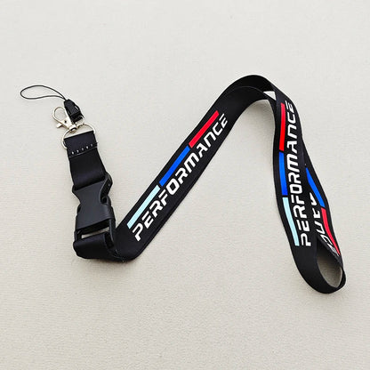 Black neck lanyard with performance racing stripes
