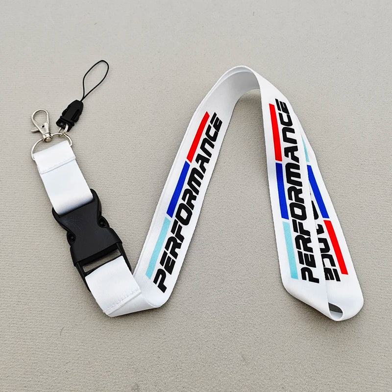 White neck lanyard with motorsport racing colors