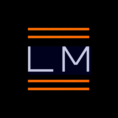 Logo with 'LM' initials flanked by orange stripes on a black background