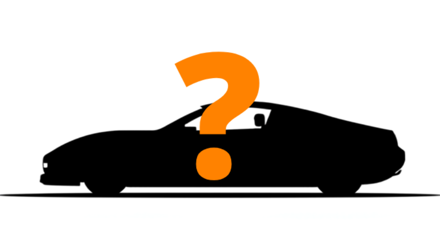 Black car silhouette with an orange question mark on a white background